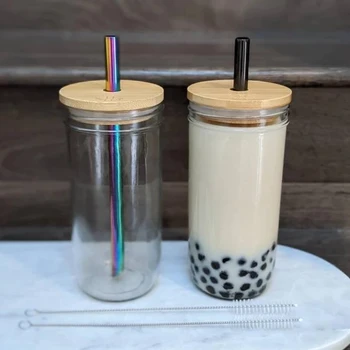 Mason Kavanoz İçme Bardağı Kabarcık cam çay bardağı Bambu Kapaklı Yeniden Kullanılabilir Cam Boba Smoothie Bardağı Paslanmaz Çelik hasır Bardak