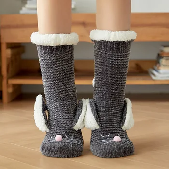 Mntrerm Yeni Kış Çorap Bayanlar Artı Kadife Orta Tüp Kat Çorap Ev Ayakkabı Uyku Noel Çorap Kar Terlik Halı Çorap