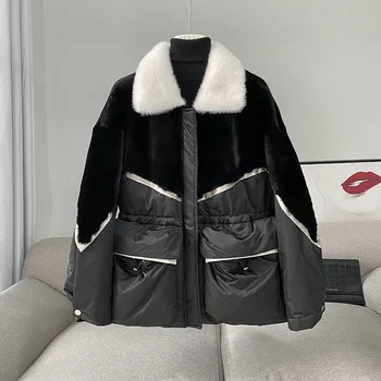 Moda Gevşek Rahat Kadın Ceket Siyah Kuzu Yün Kadife Kürk kışlık ceketler Süper Sıcak Rüzgar Geçirmez Kalınlaşmak Açık Kadın Kürk Ceket
