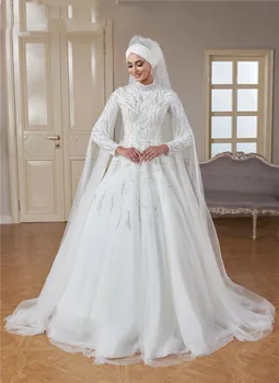 Müslüman Düğün Novia Kadın Parti Elbise De Yüksek Boyun Lüks Boncuklu İslam Tesettür Gelinlik Elbise arapça Dubai Kaftan Vestidos Elbise