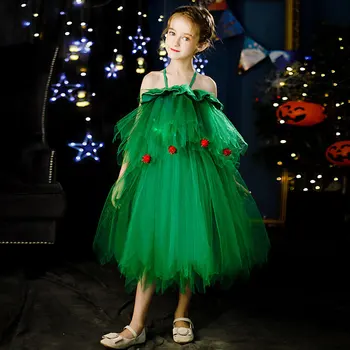 Noel Ağacı Cosplay Elbise Kızlar İçin Kadın Yeşil Elf Performans Topu Parti Gösterisi Fantezi Parti Anne Kızı Eşleşen Giyim