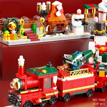 Noel Tren Köy Seti Uzman Noel Baba Mağaza Moc Modüler Sokak Görünümü Yapı Taşları Tuğla Noel Müzik kutusu Ağacı Oyuncaklar
