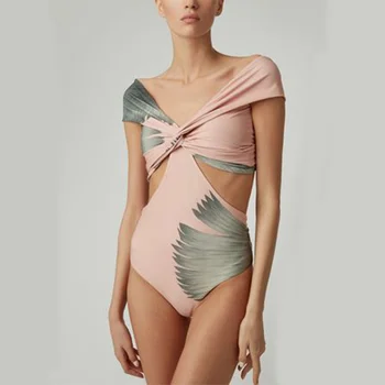 Pembe Baskılı Omuz Kesme Bikini Takım Elbise Tek Parça Çapraz Sapanlar İnce Tatil Beachwear Yüksek Bel Kesim patchwork Mayo