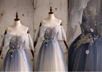 Pullu Balo Elbise Aplike Yıldız Unicorn Kapalı Omuz Spagetti Sapanlar Nişan Peri Kız Degrade Mavi Parti Törenlerinde