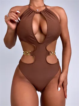 Seksi Backless Halter Kadınlar Mayo Yaz Tek Parça Dantel Up Bodycon Bodysuit Kıyafetler Yeni Beachwear Banyo Bikini Set Kahverengi
