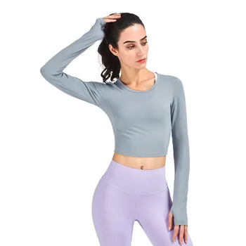 Seksi Kadın Spor Uzun Kollu Yuvarlak Boyun İnce kısa kollu tişört Streç Sıkı Çıplak Spor Üst Yoga Traininggym Giyim Çalışma