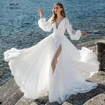 Seksi Plaj Şifon Beyaz Boho Artı Boyutu düğün elbisesi 2022 Uzun Kabarık Kollu V Yaka Yüksek Yarık gelinlikler Aç Geri Parti Elbise