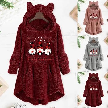 Sevimli Noel Gnome Baskı Hoodies Bayan Kedi Kapşonlu Kazaklar Kış Sıcak Polar Gevşek Tişörtü Sudaderas A40