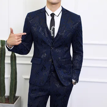 Slim Fit 3 ADET Damat Düğün Takım Elbise Erkekler Lüks Marka Terno Masculino Bahar Sonbahar Moda Baskılı Akşam Yemeği Takım Elbise Adam Balo Giyim Q523