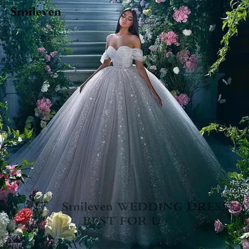 Smileven Prenses düğün elbisesi balo elbisesi Glitter Tül Sevgiliye Gelin Elbiseler Robe De Mariee Kapalı Omuz Gelinlikler