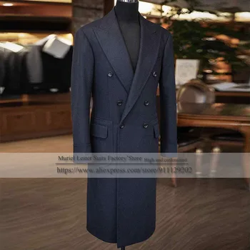 Sonbahar / Kış Takım Elbise Ceket Erkekler Tüvit Yün Askeri Palto Çift Göğüslü Lacivert Uzun Ceket Custom Made Blazer Seti ML79