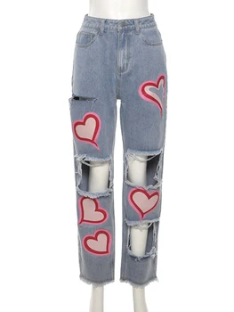Sıfreyr Kalp Baskı Baggy Yırtık Kot Kadınlar Casual Cut Out Yüksek Bel Y2K Grunge Pantolon Moda Streetwear Mavi Denim Pantolon