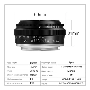TTArtısan 25mm F2 APS-C Çerçeve Manuel Odaklama Başbakan Portre Lens Sony E Nikon Z Canon M Canon R M43 Fuji X Leica Sigma L Montaj