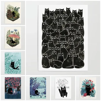Tuval Poster Popoki Karikatür Siyah Kedi Ağacı Boyama Duvar Sanatı Baskılar Modüler Resimler Ev Dekorasyon Oturma Odası Için Hiçbir Çerçeve