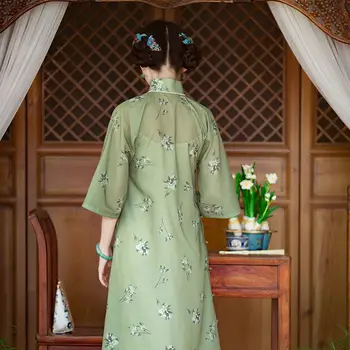 Vintage Yeşil Standı Yaka Çiçek Baskı Gevşek Uzun Cheongsam Elbiseler Yaz Zarif Parti Qipao Çin Tarzı kadın giyim