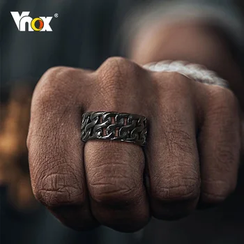 Vnox Çift Küba Zincir Yüzük Erkekler için,10mm Paslanmaz Çelik Retro Parmak Bandı, siyah Metal İçi Boş Punk Vintage Yüzük