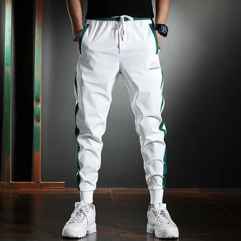 Yaz İnce Beyaz Çizgili Rahat pantolon erkek İnce Spor kalem pantolon Moda Nakış Buz İpek Joggers Pantolon