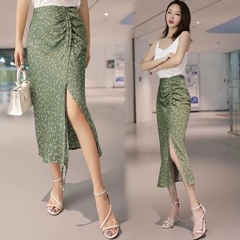 Yaz Kore Moda Saten Kadın Etekler Zebra Şerit Ofis Bayan Yeşil Etek Çiçek Kalem Etek Faldas Largas Mujer