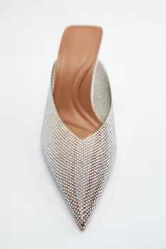 Yaz TRAF Kadın Sivri Burun Sequins Sandalet 2022 Bling Taklidi Arkası Açık İskarpin Topuklu Seksi Kristal Stiletto Pompa Terlik Kadın