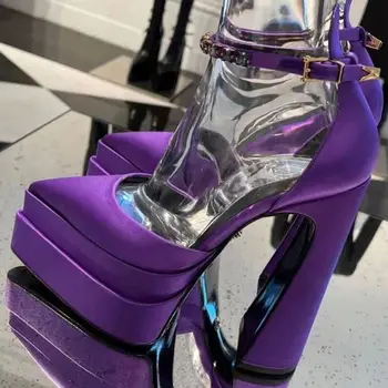 Yaz Yeni 2022 kadın Seksi Sivri Burun Platformu yüksek topuklu sandalet Tıknaz Yüksek Topuklu Saten Taklidi Düğün parti ayakkabıları