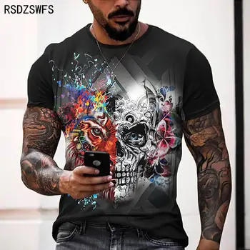 Yaz Yeni Kafatası Eleman Tarzı Yuvarlak Boyun T-shirt erkek Moda 3d Baskı Rahat Kısa Kollu Harajuku Tee Gömlek Tops