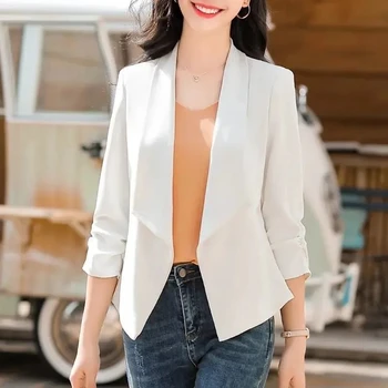 Yaz Üç Çeyrek Kısa Şifon Blazer Kadınlar Katı İnce İnce Ceket Ceket Femme Katı Zarif Hırka Kore OL Tarzı Takım Elbise