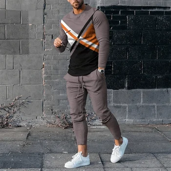 Yeni erkek 2 Parça Set Pantolon Eşofman 2023 Sonbahar Baskılı Joggers Uzun Kollu T Gömlek + Pantolon Rahat Sokak Şerit Spor Giyim
