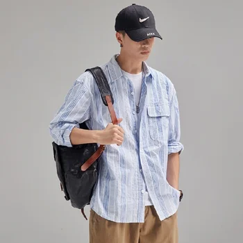 Yeni Tasarım Erkekler Kapalı Omuz Gevşek Şerit Uzun Kollu ShirtsCasual Saf Pamuk Moda Rahat Giyim Camisa Masculina Tops