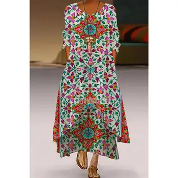 Yeni Çiçek 3D Baskı V Yaka Sundress Zarif Kadın Streetwear Elbise Gevşek Kadın İlkbahar Yaz Moda Vintage Uzun Robo Elbiseler