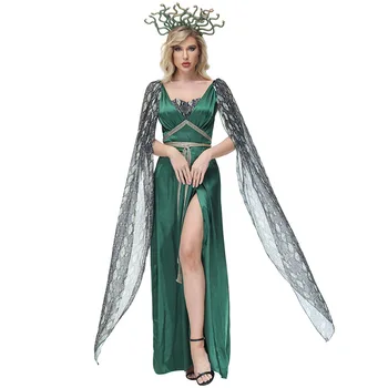 Yunan Mitolojisinde Medusa Cosplay Kostüm Medusa Yeşil Yüksek Bölünmüş Uzun Elbise Kostümleri Parti