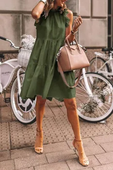 Yuvarlak Boyun Ruffles Sokak Rahat Gevşek Bel Düz Renk Kolsuz Yeni Mini Etekler yaz elbisesi Kadınlar için kadın Giyim