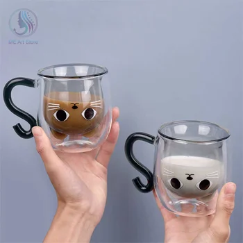 Çift Duvar Cam Süt meyve suyu fincanı Yaratıcı Sevimli Kedi Şekli Kahve Kupa Karikatür Çift Çay Fincanı kapaklı Ev Ofis Drinkware