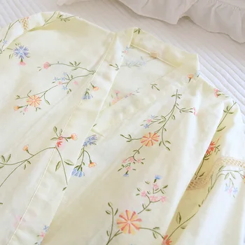 Çiçek Gazlı Bez Pamuk Kimono Seti Bahar Yaz İnce Taze V Yaka Gecelik 2 parça Kadın Set Uzun Kollu Rahat Kadın Pijama