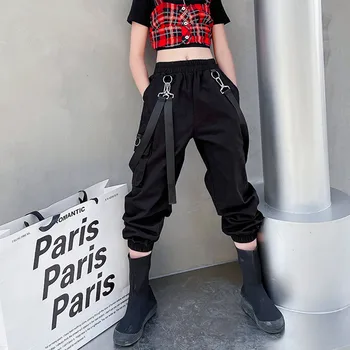 Çocuk Kız Siyah Kargo Pantolon Genç Kızlar için Yeni Moda Yaz Streetwear Hip Hop Sweatpants Zinciri İle Kızlar için 6-14 Yıl